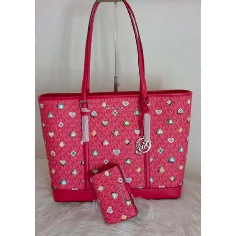 Michael Kors Red Logo Tote with Heart and Diamond Print